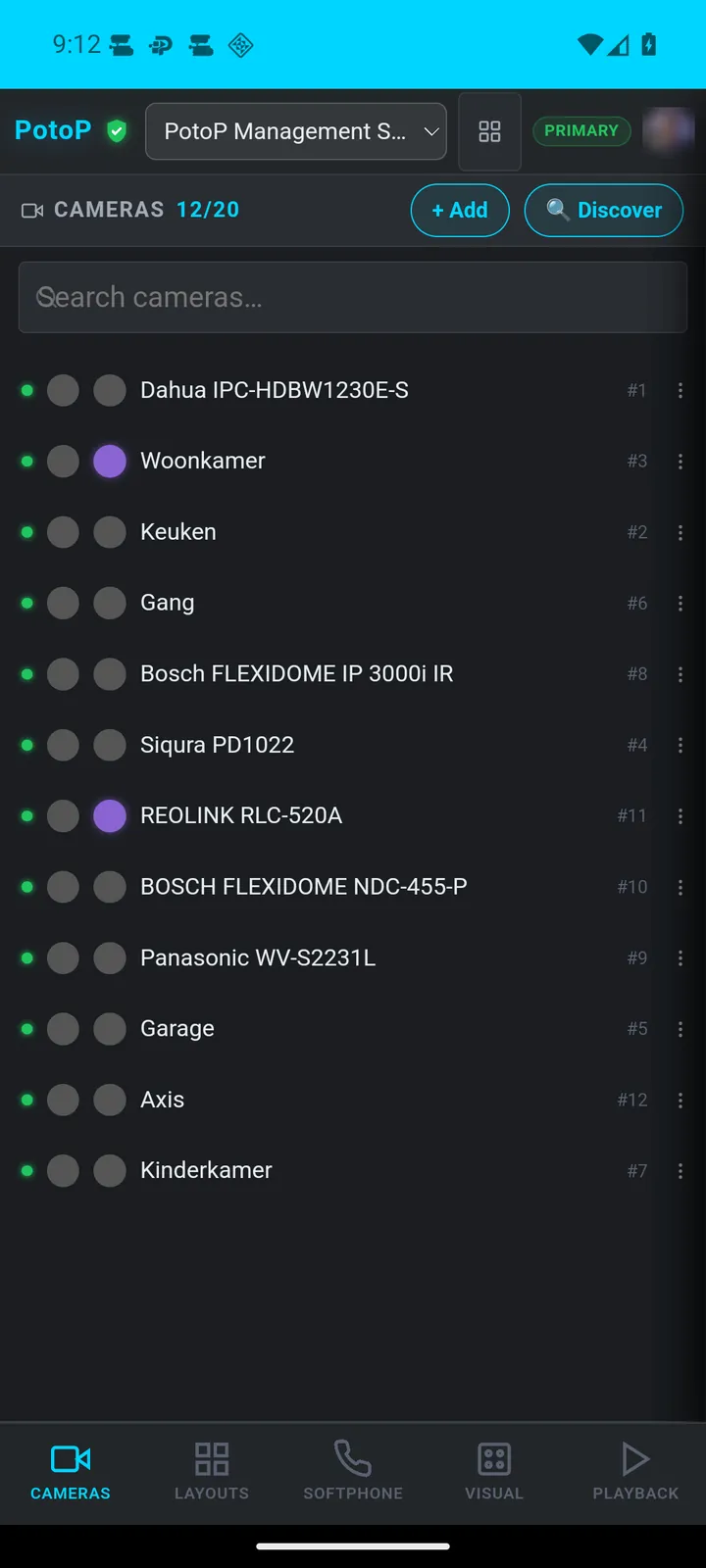 Camera list with live status
