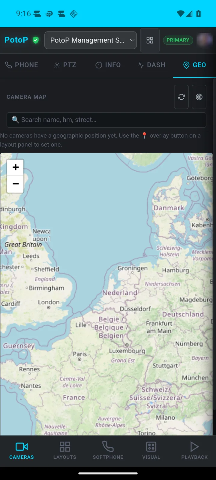 Cameras placed on a map
